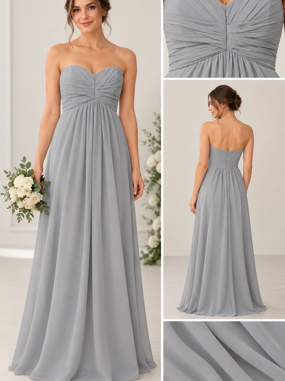David’s Bridal Gray Strapless A - Line Chiffon Bridesmaid Formal Dress Size 10